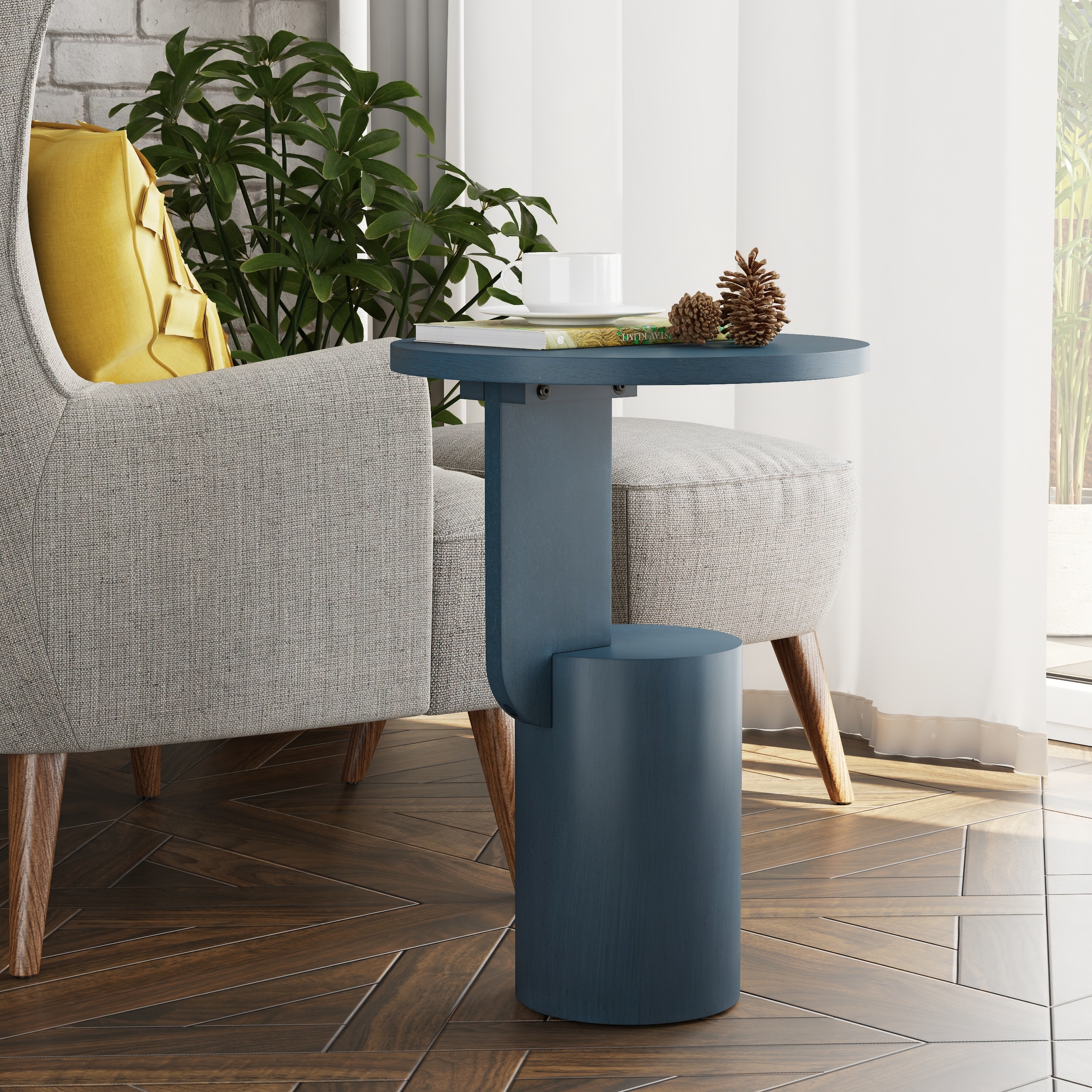 COZAYH Modern Small Drink Table with Geometric Base, Minimalist Tall End Table for Small Space, Natural