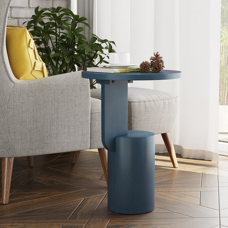 COZAYH Modern Small Drink Table with Geometric Base, Minimalist Tall End Table for Small Space, Natural - Vintage Blue
