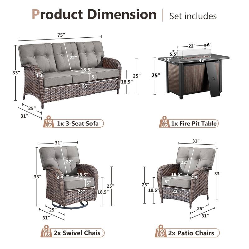 Pocassy Outdoor 43 In Fire Table with Sofa Swivel Patio Chair Set