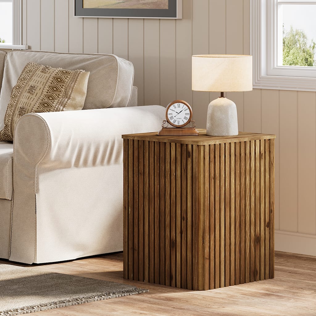 Solid Wood Fluted Side End Table with Storage and Removable Lid