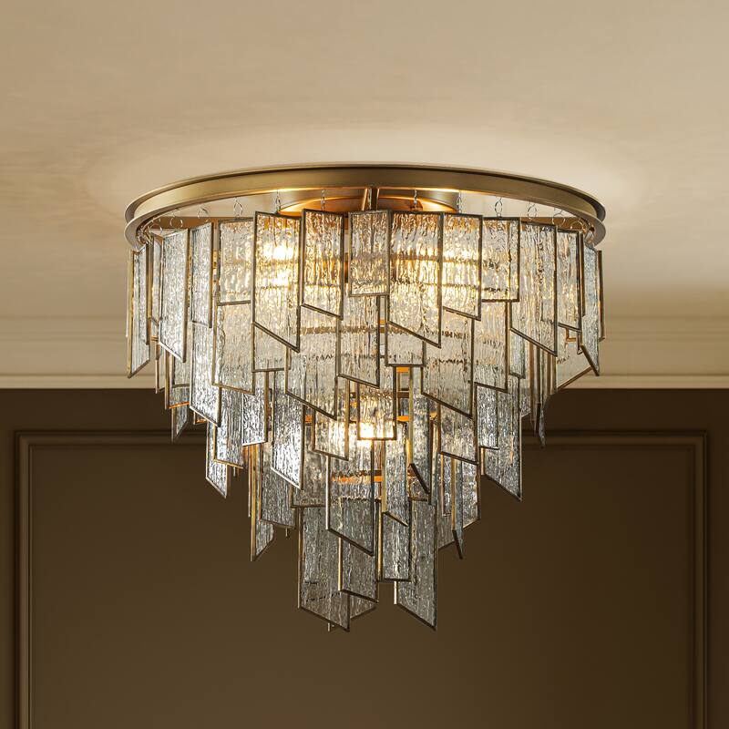 6-Light Luxury Water Ripple Glass Flush Mount Modern Brass Frame Lighting Fixture for Dining Room Living Room and Kitchen Island - W18''