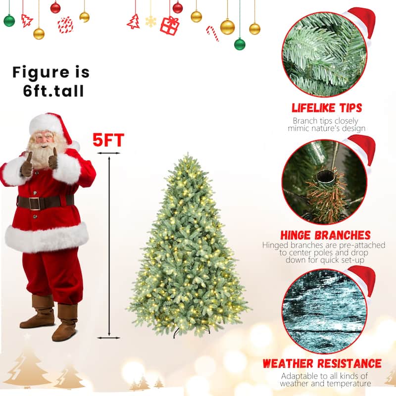 8FT Blue Pre-Lit Christmas Tree with 900 Warm White LED Lights-3308 PE+PVC Tips, Hinged Branches for Easy Setup