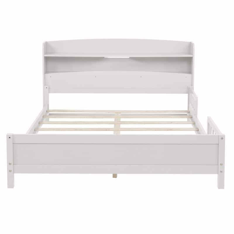 Full Pine Wood Platform Bed with Bookcase Headboard ,LED Motion Sensor Light, Guardrails