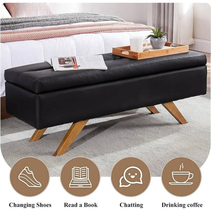 Mid Century Faux Leather Storage Bench Ottoman with Flip Top Lid - 15.4"D x 44.1"W x 16.7"H