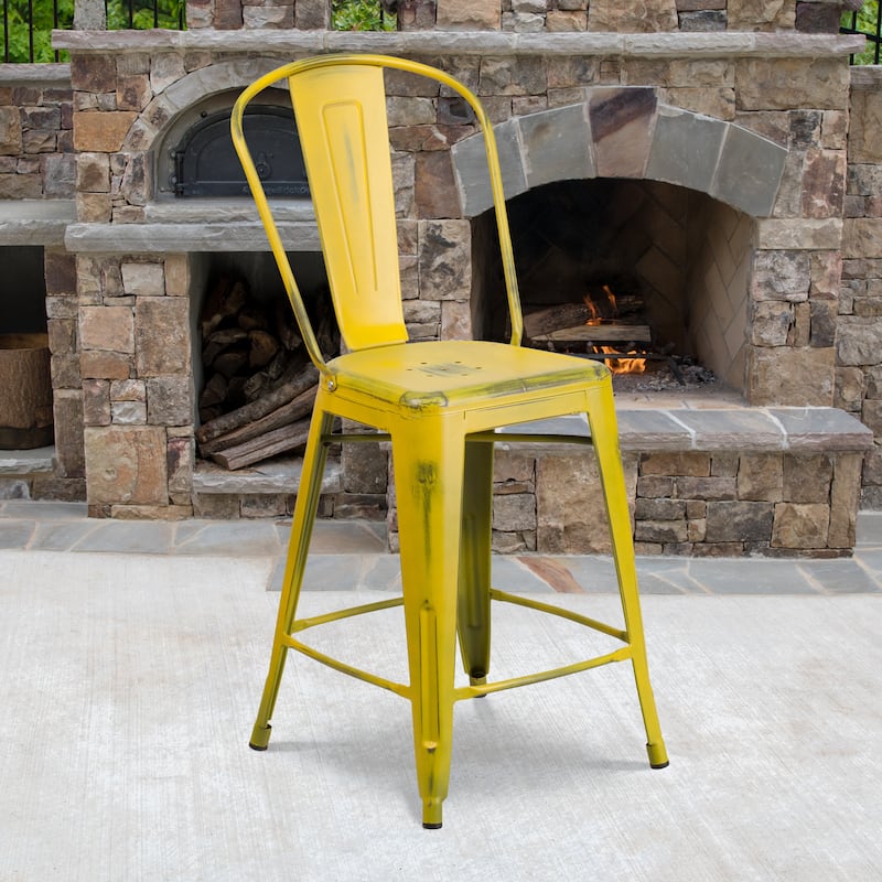 24-inch High Distressed Metal Indoor/Outdoor Counter Height Stool - 17.75"W x 22"D x 40.25"H - Yellow