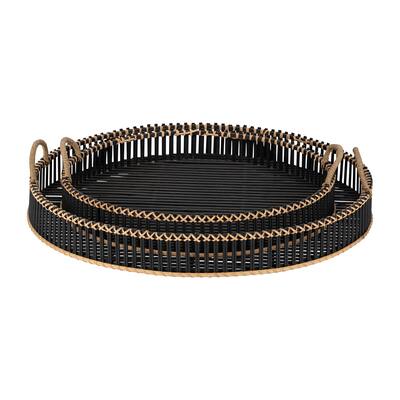 Set of 2 Round Serving Trays in Black Contemporary Rustic Bamboo and Rattan Decorative Nested Trays with Handles For