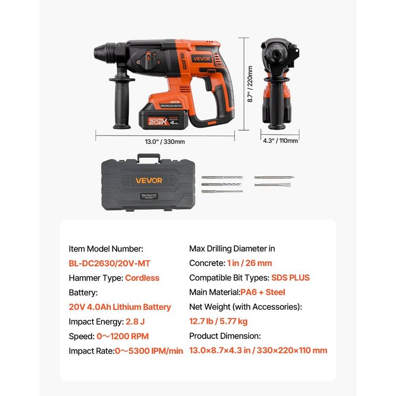 Cordless Rotary Hammer Drill 20V with 4.0Ah Battery and 4 Modes SDS-Plus 2.8J Impact for Concrete - 13” x 8.7” x 4.3”