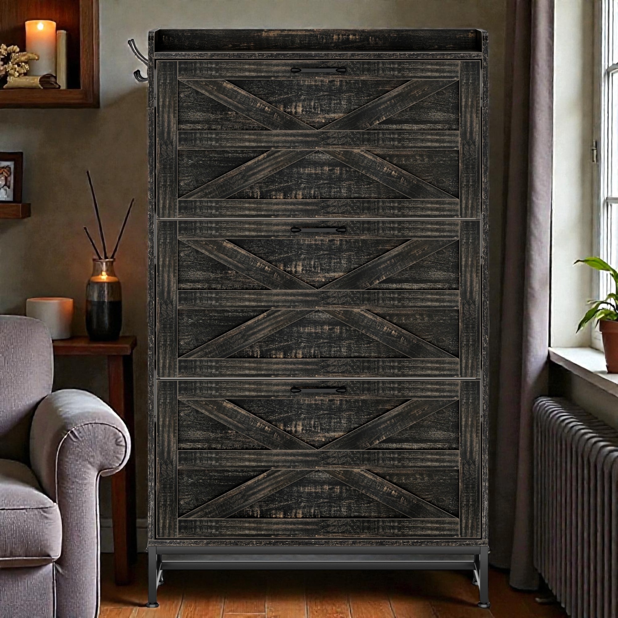 Narrow Shoe Cabinet with Drawers, Slim Entryway Shoe Storage Organizer with Top Shelf, Storage Cabinet for Hallway and Living