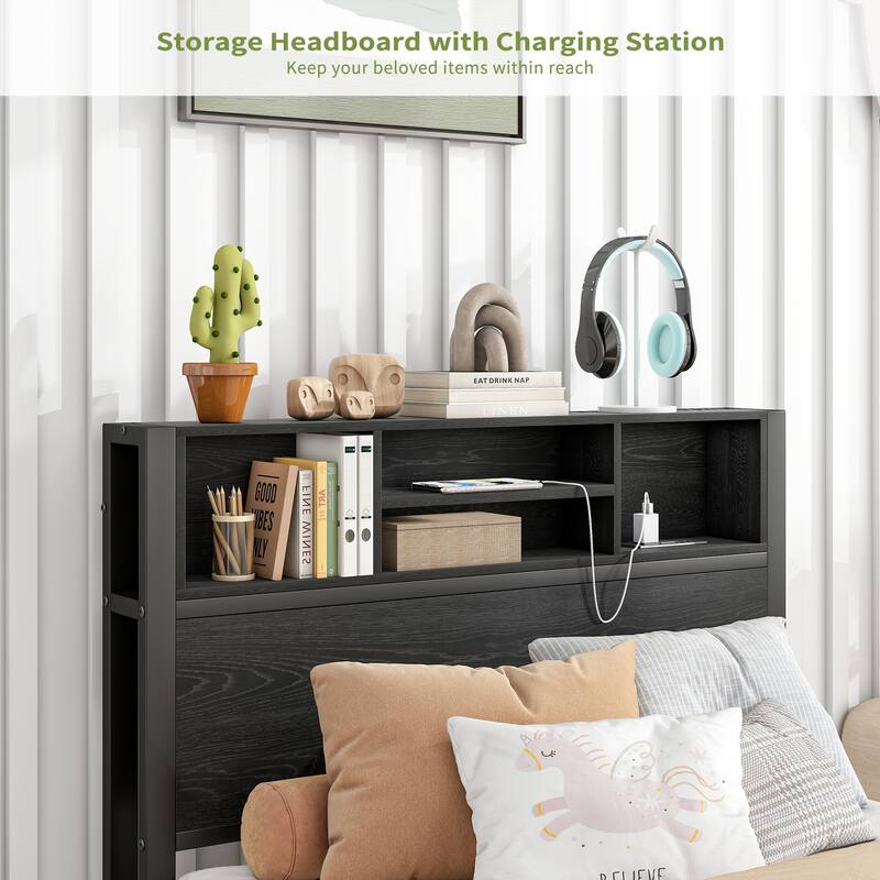 Industrial Twin Bed Frame with Bookcase Headboard & USB Charging Station - No Box Spring Required