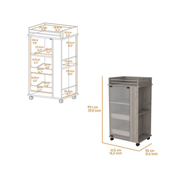 Kitchen Cart w/ Wheels&Wine Glass Door Storage Gray