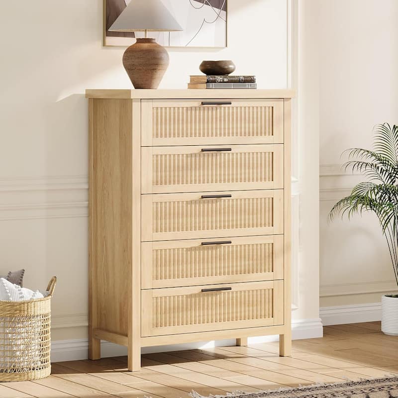 Modern Fluted Dresser with 5 Storage Drawers, Organizer Cabinet for Living Room, Bedroom - Almond