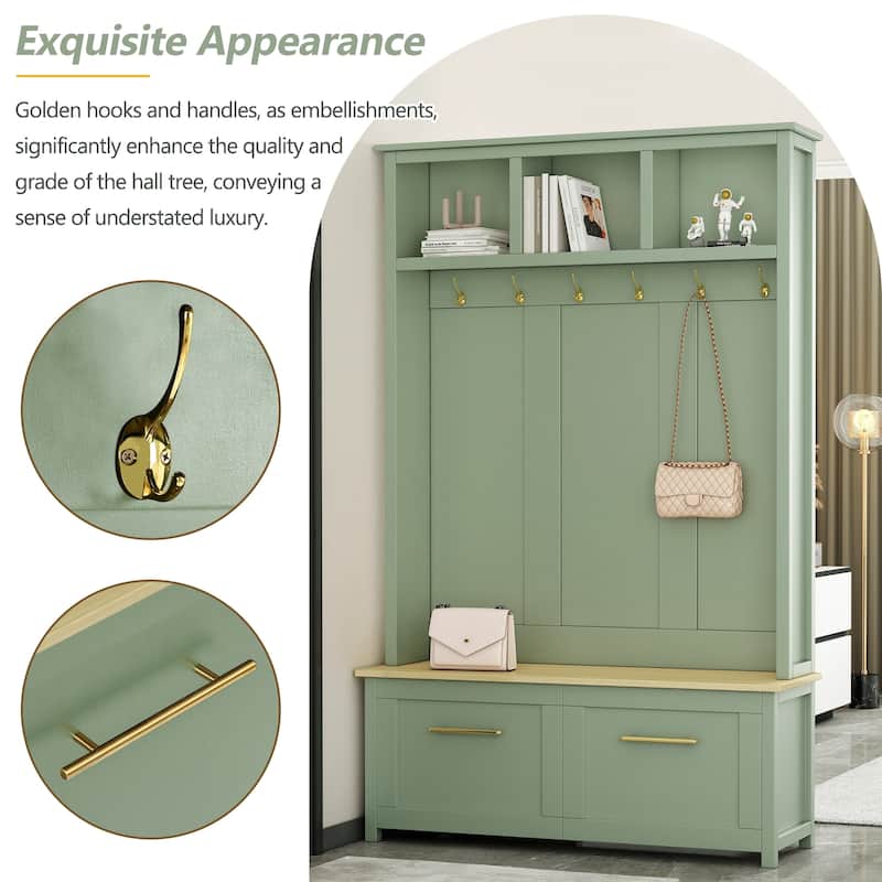 4-in-1 Hall Tree with 6 Golden Hooks Wooden Bench 2 Drawers for Entryway
