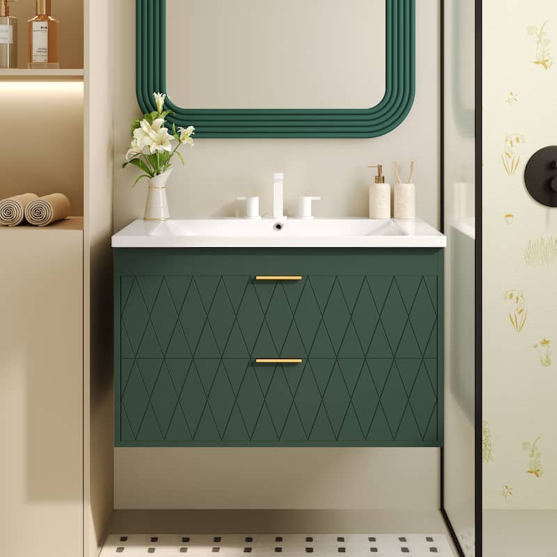 30-Inch Wall-Mounted Bathroom Vanity with Resin Sink & Storage Drawers - Modern Floating Design - 30 in ,Green ,Solid Wood+MDF+Resin - Green