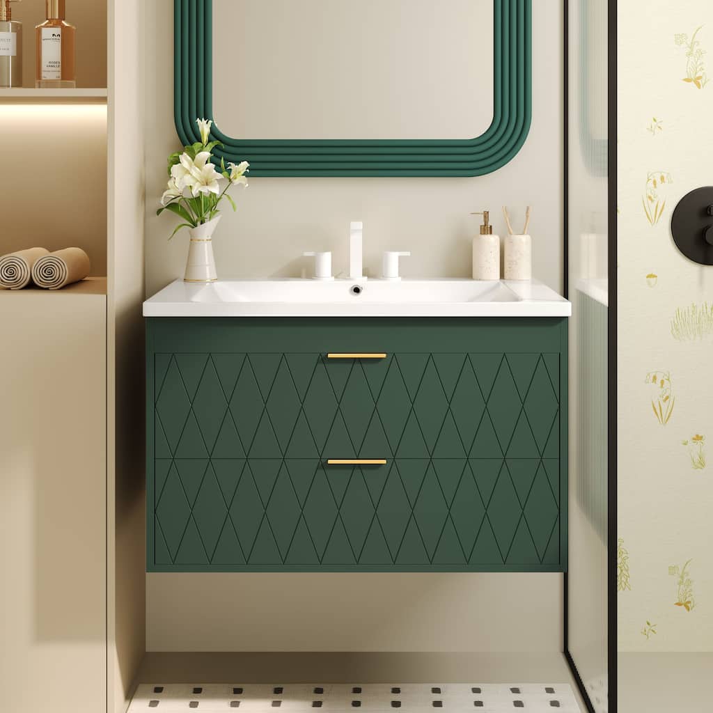 30-Inch Wall-Mounted Bathroom Vanity with Resin Sink & Storage Drawers - Modern Floating Design