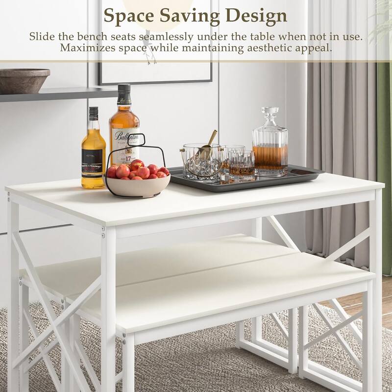 44.3" Dining Table with Benches Kitchen Table set for 4 Rectangular Dining Room Table Set with 2 Metal Wood Benches