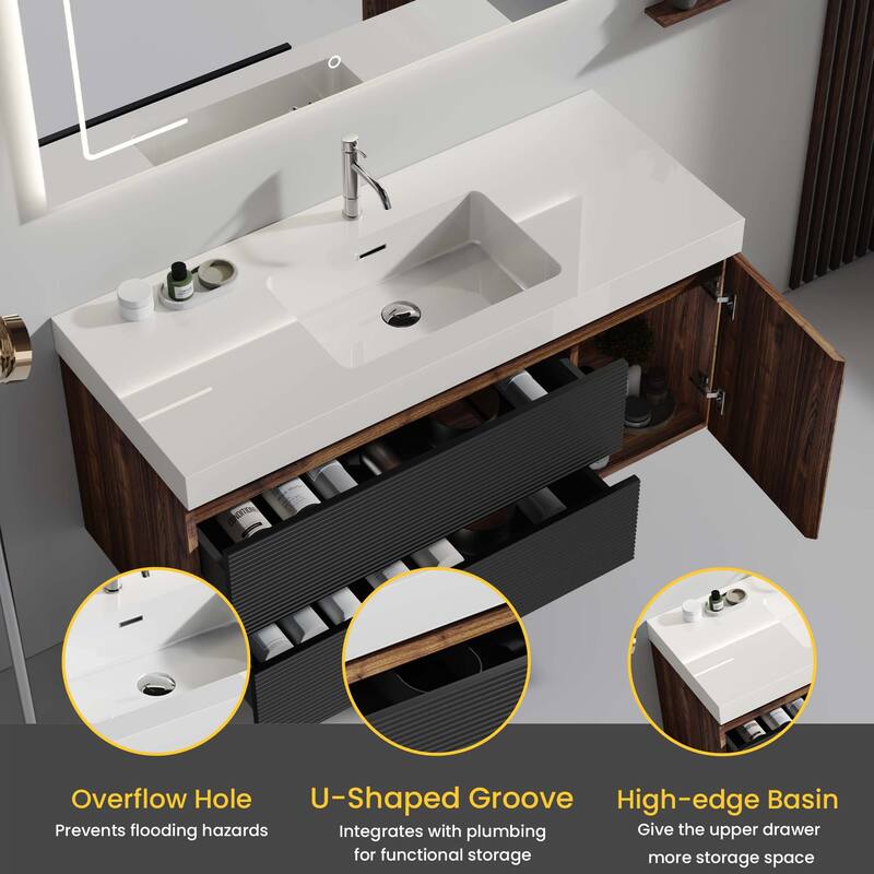 Wall Mounted Bathroom Vanity with Glossy White Solid Surface Sink