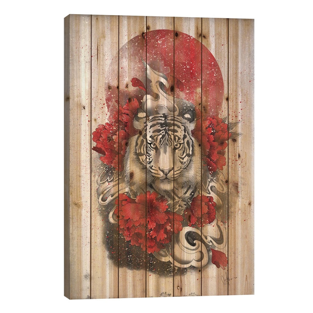White Tiger Print On Wood by Marine Loup - Multi-Color