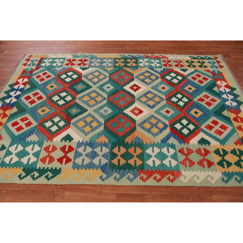 Hand Woven Oriental 100% Wool Carpet Southwestern Geometric Multi-Colored Kilim Area Rug - 8' 3'' X 5' 7''