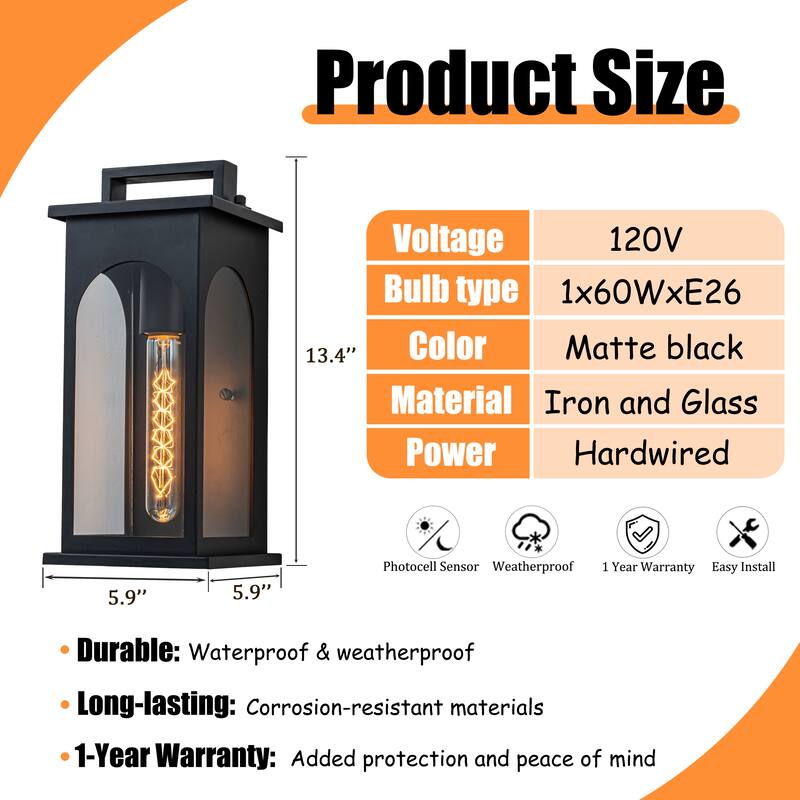 1-Light Modern 13 Inch Outdoor Wall Lantern Black Exterior Sconce with Clear Tempered Glass for Front Door Porch Light - W6‘’