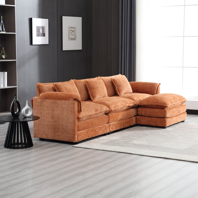 Cloud Chaise Lounge Couch L-shaped Sectional Sofa with Ottoman and Double Layered Seat Cushions for Living Room - Orange