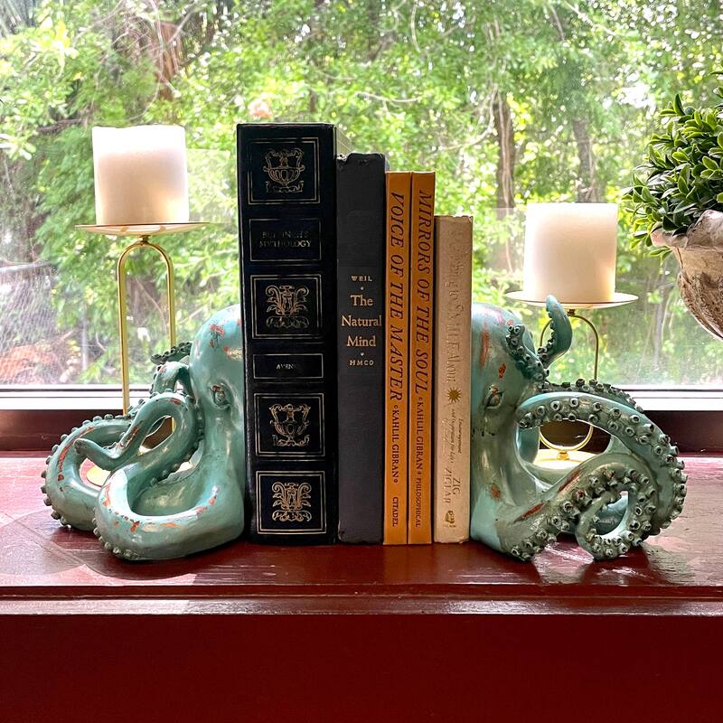 Aqua Green Octopus Bookends Set Of 2 Nautical Polyresin Coastal Shelf - 5 X 10 X 8 inches