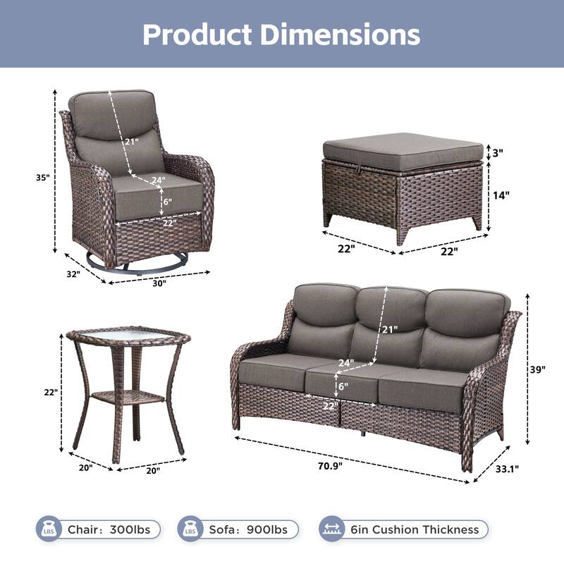 Meyreso 7-Piece Wicker Patio Conversation Set with Swivel Gliders and 6-Inch Thick Cushions