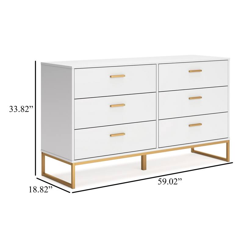 Alli Wide Dresser, 6 Drawers, Matte White Wood, Gold Metal, 59 Inch