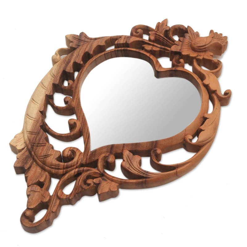 Handmade Lotus Heart Wood wall mirror (Indonesia) - 15.25" L x 10.75" W x 0.8" D