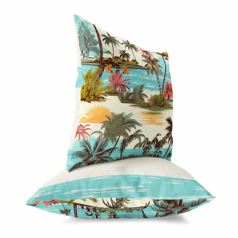 Blue And Pink Tropical Beach Indoor/Outdoor Throw Pillow Zipper