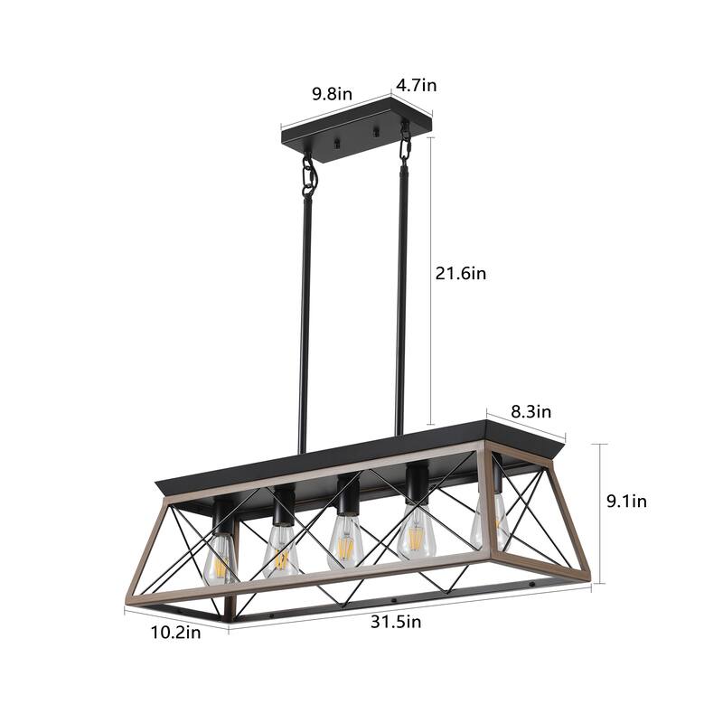 32" Industrial 5-Light Pendant Chandelier, Modern Metal Cage Design, Adjustable Hanging Light for Dining Room (No Bulbs)