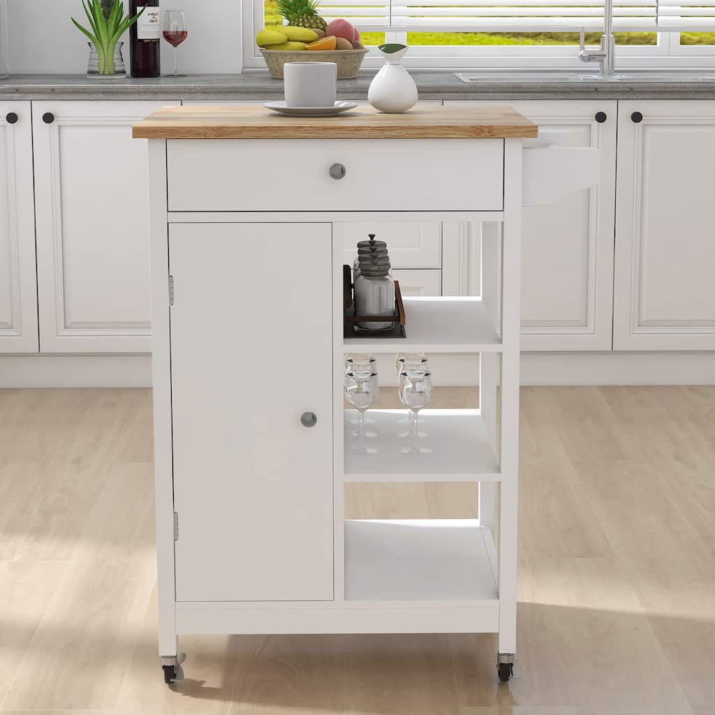 Multi-functional Kitchen Cart with Rubberwood Top, Towel Rack, and Lockable Wheels