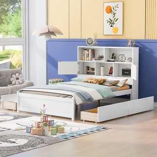 Full Size Storage Bed with Bookcase Headboard and 4 Drawers, Wood Platform Bed Frame with Charging Station for Kids Teens Adults