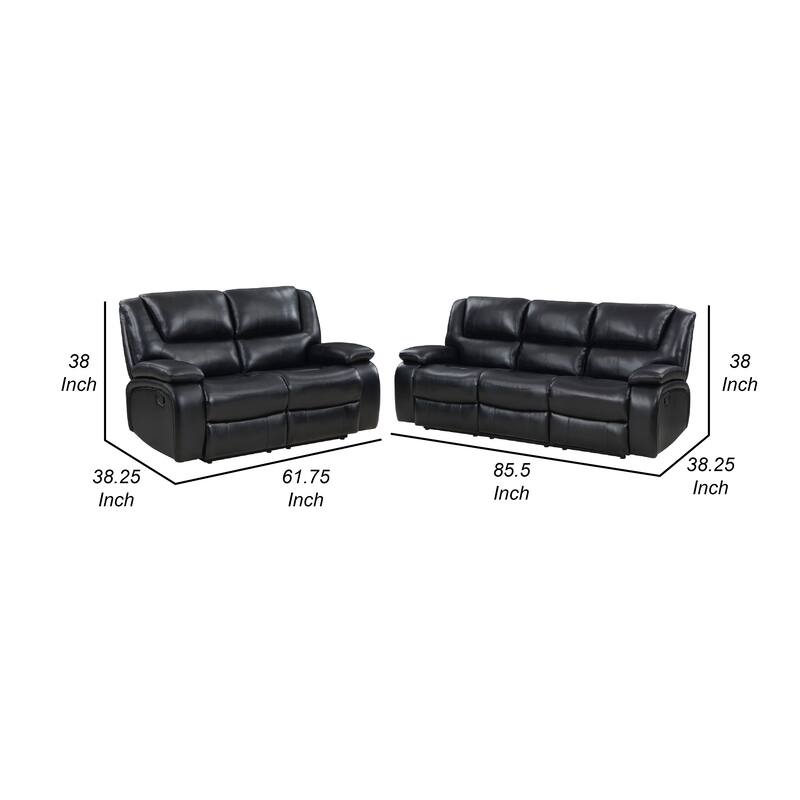 Mila 2pc Manual Reclining Sofa and Loveseat Set, Black Faux Leather