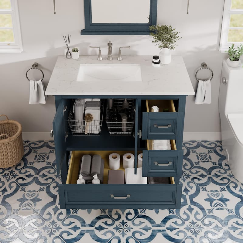 Eviva Britney 36"W x 22"D Ash Blue Bath Vanity with Carrara Quartz Top