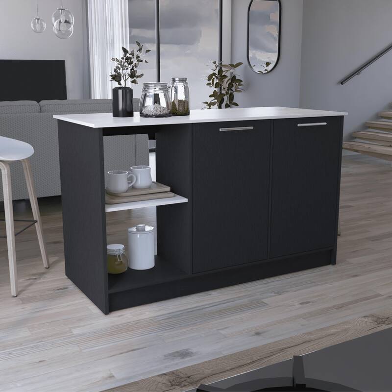 59-Inch Kitchen Island with Double Door Cabinets & Open Shelves, Light Oak/White Design - White