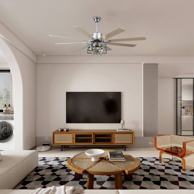 65" Large Wood Blade Ceiling Fan, 8 Blades and 3 Lights, Quiet DC Motor with Remote for Living Room