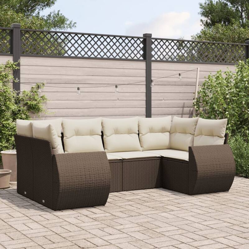 vidaXL Patio Sofa Set with Cushions Outdoor Furniture 6 Piece Poly Rattan - 24.4 x 28.0 x 27.2 - Brown and cream