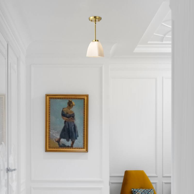 1-Light Gold Finish Mini Pendant with Pyramid Shaped Etched White Glass Shade