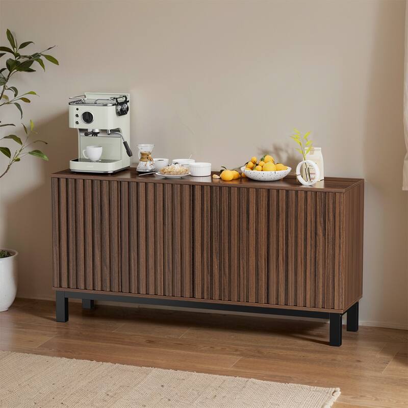 Pocassy 63" Buffet Cabinet with Storage 4 Fluted Doors - Walnut