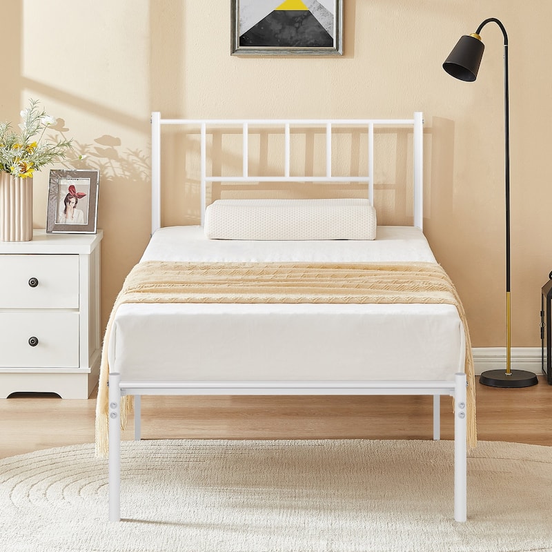 VECELO Victorian Style Metal Platform Bed Frame with Headboard & 12.6" Under Bed Storage-Twin/Full/Queen Size Steel Bed - White - Twin