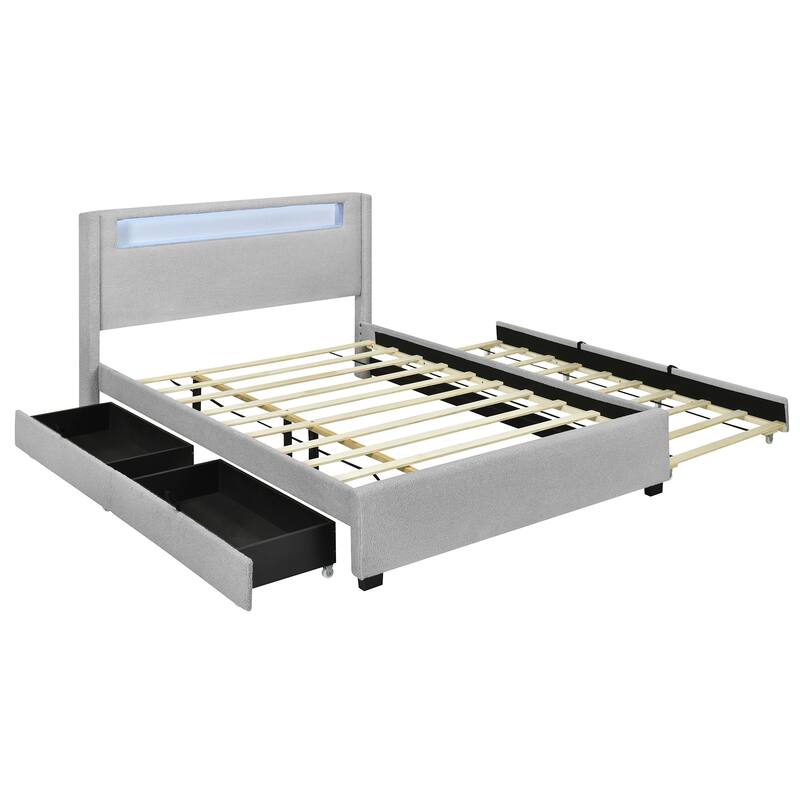 HomeRoots Light Gray Tufted Boucle Lighted Full Bed Frame With Trundle And USB And Drawers