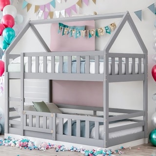 Twin over Twin House Bunk Bed with Fence and Door, Gray