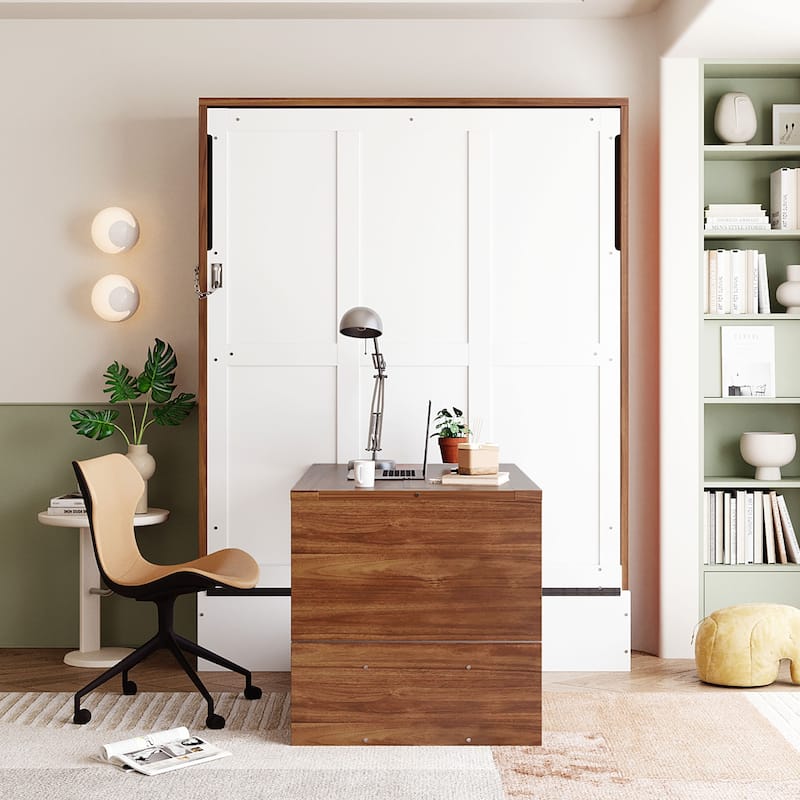 Full Size Murphy Bed Hidden Wall Cabinet Bed with Foldable Desk, Wooden Foldable Vertical Cabinet Bed Frame - White - Full