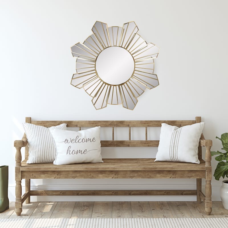 25" Shiny Gold Sunburst Wave Glass Round Wall Mirror