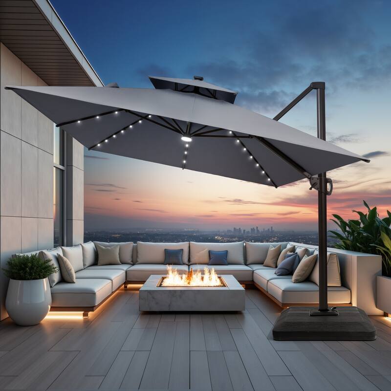 10X13 FT Outdoor Cantilever Patio Umbrella Solar LED Light with Weights Base