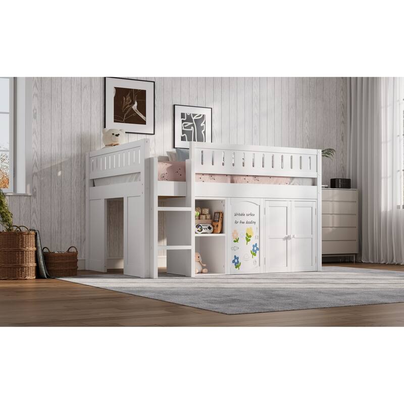 Roomfitters Full Size Loft Bed with Storage Cabinet, Open Shelves and Chalkboard Panel