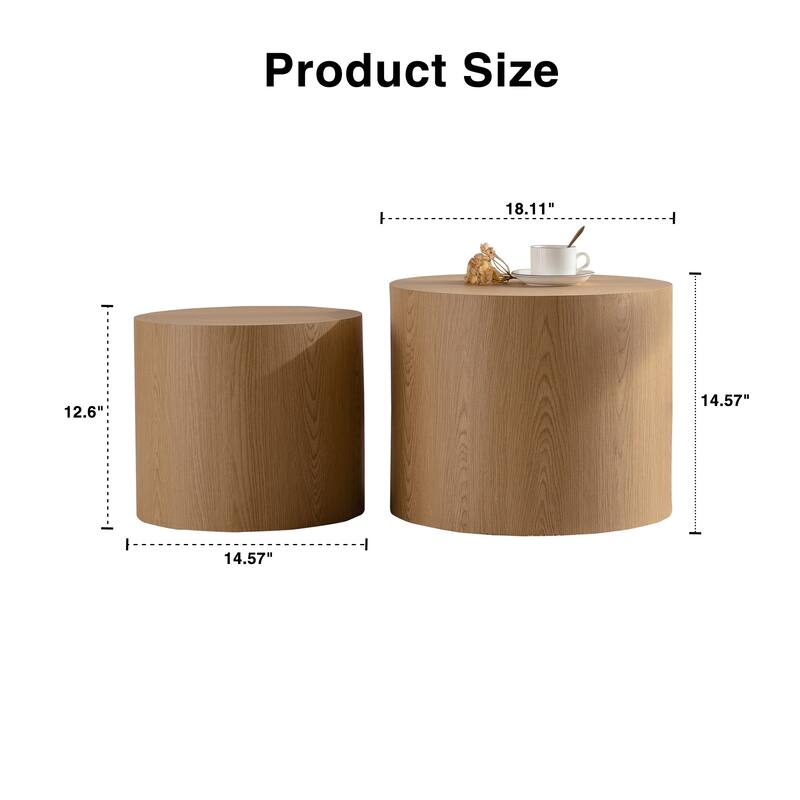 Modern Round Table Circular Coffee Table Nesting Coffee Table 2 Piece Set with Waterproof, Wood Grain, for Living Room Bedroom