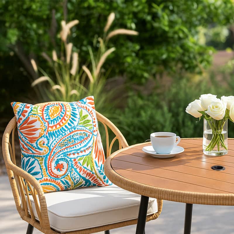 Round Outdoor Patio Weather-Resistant Dining Table with Umbrella Hole and Rattan Edge for 4 Seats - 35.4” x 35.4” x 29.9”