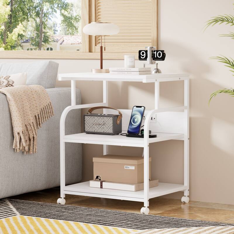 Javlergo 3-Tier Rolling Printer Stand with Locking Wheels Charging Station & AC/USB Outlets Mobile Office Storage Cart