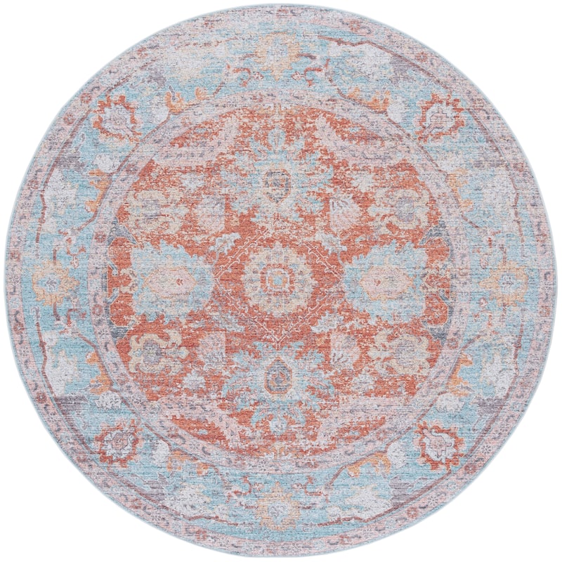 SAFAVIEH Tucson Adolfa Machine Washable Slip Resistant Shabby Chic - 6' Round - Turquoise/Rust - Round